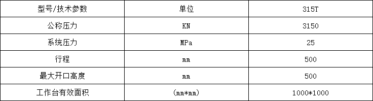 315噸粉(fěn)末冶(yě)金成(chéng)型液(yè)壓機(jī)參數(shù)
